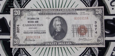 1929 $20 NB Kentucky National Currency *CARROLLTON* KY Ch#3074 A000310A ECC&C - Image 1 of 4