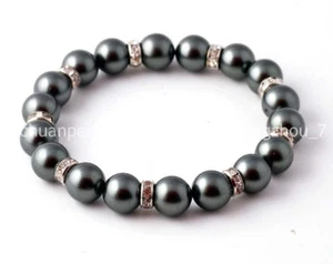 Pretty 10mm Black Shell Pearl Round Beads Crystal Spacer Elastic Bracelet 7.5'' - Picture 1 of 6