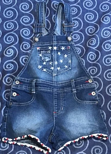 Jordache Girls Blue Bib Overalls Denim Shorts Stars Fringe Shorteralls Sz S 6 - Picture 1 of 6