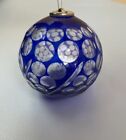 VIntage Cobalt Blue Glass Cut To Clear Christmas Orb Ornament Round 3” Polka Dot