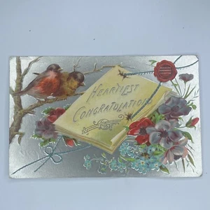 Heartiest Congratulations Embossed Silver Postcard Floral Birds - Picture 1 of 7