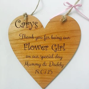 Flower girl wedding gift favour thank you wooden heart plaque sign shabby chic c - Picture 1 of 1