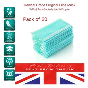 20 PACK Premium Quality Non Surgical Face Mask 3PLY Nose Band Disposable MASK UK - Picture 1 of 1