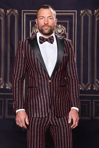 NWT 50R BLACK WITH ROSEGOLD  PINSTRIPE SUIT ,SLIM FIT, FLAT FRONT PANTS, BOW TIE - Picture 1 of 1