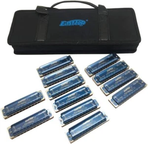 EASTTOP 10hole Harmonica Set T008K-12 Set Mouth Organ in One Case Blue Covers - Picture 1 of 6