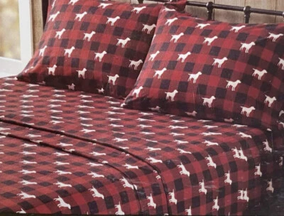 Juego de sábanas de franela WOOLRICH REINA. Perro de caza a cuadros rojo/negro blanco ❤️🐕‍🦺 Foto 1 de 4