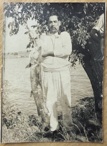Vtg Northern Pike Fish Catch Photo Latino Man Fisherman Smoking Tobacco Pipe - Picture 1 of 2