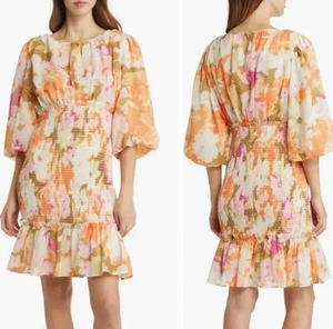 Abito Rachel Parcell nuovo con etichette primavera floreale in chiffon fumè sm arancione panna civetta - Foto 1 di 13