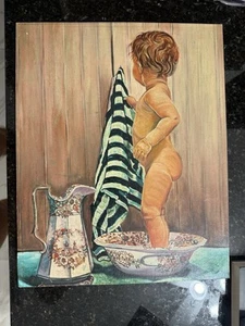 Whimsical Painting Child Taken A Bath In Victorian Basin - Picture 1 of 8