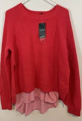 全新 LRL Ralph Lauren 毛衣 女式 尺寸 XL 分层外观 条纹 学院风 珊瑚色 — 第 1/4 张图片