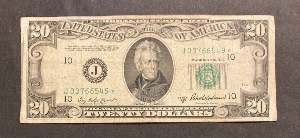 1950B "STAR" $20 Green Seal Federal Reserve Note. J03766549* Kansas City - Image 1 of 2