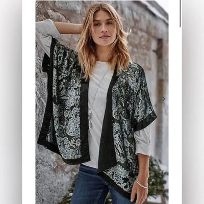 J. Jill Burnout Velvet Ruana Black Silver Paisley Floral XL 2X 3X Plus Size - Image 1 of 4