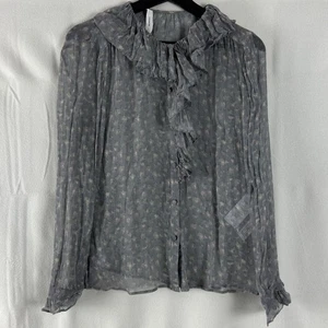 COACH Sz 4 Floral Ruffle Blouse 100% Silk Chiffon Gray Button Top Semi-Sheer - Picture 1 of 11