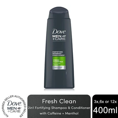 Dove Men+Care 2 in 1 Shampoo & Conditioner, Fresh Clean, 3x, 6x, or 12x 400ml - Image 1 of 4