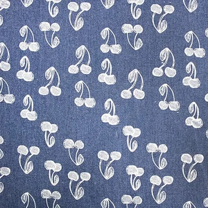 Cotton 8oz Denim Fabric - White Cherry Print Navy Blue - Dress Fabric Material - Picture 1 of 6