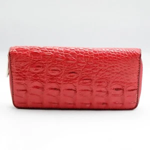 New Red Croc Leather Back Bone Skin Women One Zipper Clutch Wallet. - Picture 1 of 12