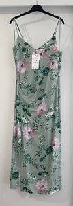 ZARA GREEN FLORAL PRINT LINEN BLEND SIDE GATHERED MIDI DRESS WITH SLIT SIZE L - Picture 1 of 17