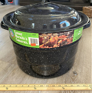 Black Speckled Enamel Graniteware Canning Pan Pot-21 Quarts + Rack Circa 1978