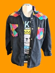 Vintage 80s Black Denim Shacket With Suede Patchwork Pockets /Collar - Picture 1 of 8
