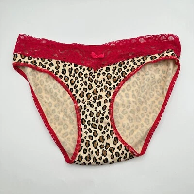 Vtg St. Eve Bikini Panty M Brown Red Leopard Print Lace Trim Cotton Blend - Image 1 of 4