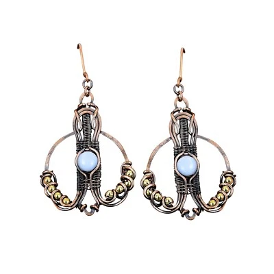 Медь круглый синий кружева агата камень проволока обернутый подвеской падение новые серьги ювелирных изделий - Изображение 1 из 4