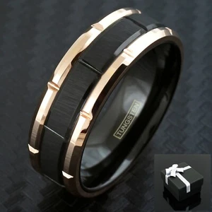 Anillo de boda ranurado con borde ranurado en oro rosa cepillado negro de tungsteno de 8 mm para hombre - Imagen 1 de 9