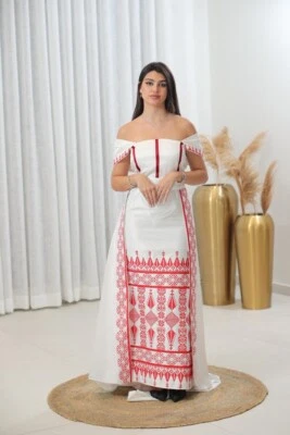 Women Palestinian Embroidered Satin Dress Traditional Tatreez Off-Shoulder - Image 1 of 4