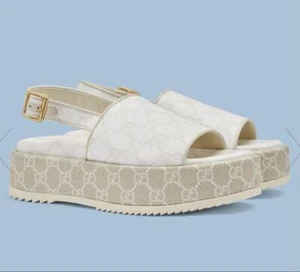 GUCCI Sandals White Beige Gold Hardware GG Pattern Women's Size 37.5/US7.5 - Picture 1 of 9