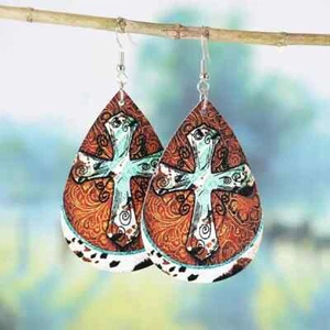 Teardrop Shape With Cross Print Dangle Earrings Retro Bohemian Style PU Leather - Picture 1 of 3