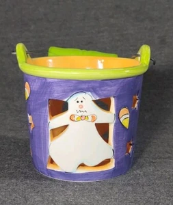 Pillar Candle Holder Ceramic Bucket Purple Halloween Ghost Star Cut Outs 5" VTG - Picture 1 of 10