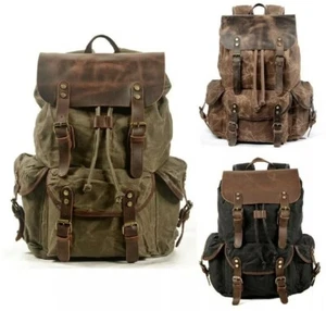 Waxed Canvas Genuine Leather Backpack Outdoor Waterproof Travel Weekend Rucksack - Picture 1 of 14