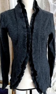 VTG Gray Ruffled Cardigan 70% Wool Size Large L Goth Whimsical - Picture 1 of 3