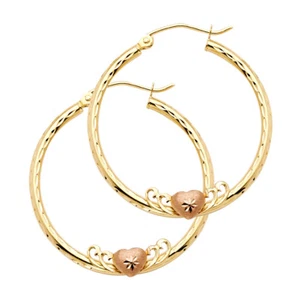 Real 14K Yellow Rose Gold Fancy Love Heart Hook Hoop Earrings 2.0 MM Women Kid - Picture 1 of 6