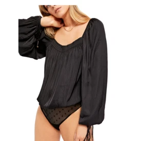 FREE PEOPLE E2802 Black Beaded Long Sleeve Square Neck Body Suit Top MED - Picture 1 of 3