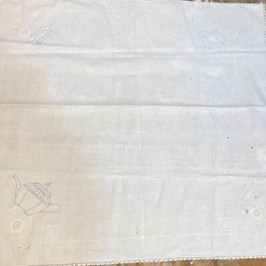 vtg tablecloth luncheon square cotton white embroidery tea cup crochet edge - Picture 1 of 12