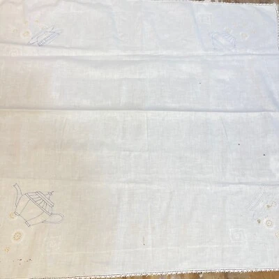 vtg tablecloth luncheon square cotton white embroidery tea cup crochet edge - Image 1 of 4