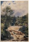 English School Original Antique Watercolour Painting River & Waterfall Landscape