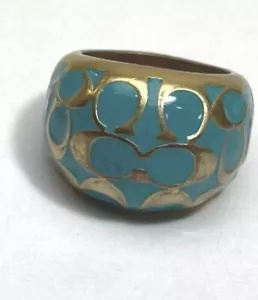 Coach Sz 6 Ring Turquoise Enamel Accents Gold Tone Circles Design W/COA Blue - Picture 1 of 6