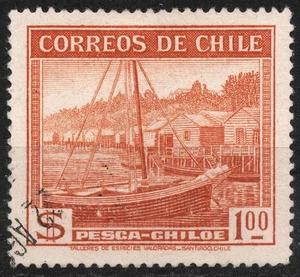 Sn:#223 SG338g used 1942 1$ CHILE Calbuco (fishing boat) -  Country Views - Picture 1 of 2