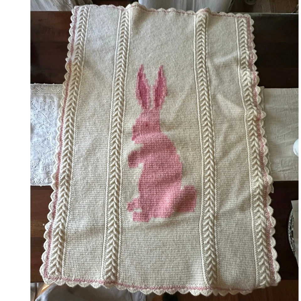 Vintage Crocheted pink Bunny Baby girl Blanket nursery hand made retro 40x28”  - Image 1 of 4