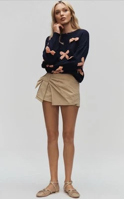 Anthropologie Maeve Sweater Women Navy 3D Bow Preppy Holiday Comfy Medium NWT - Image 1 of 4