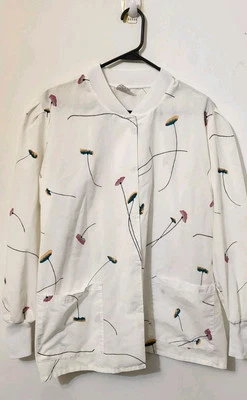 Vintage Landau Womens Lab Scrub Top LS Size XL Flower  Print Snap Button Pockets - Image 1 of 4