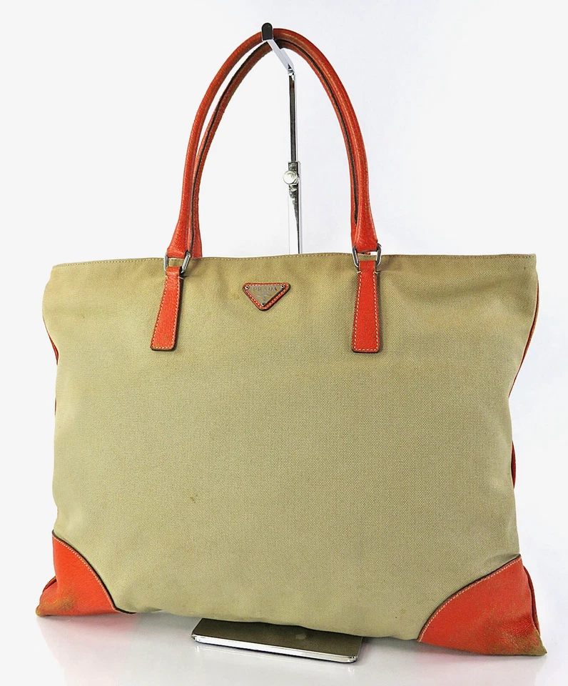 Подлинный PRADA бежевый холст и оранжевый кожаный сумка с короткими ручками ручная сумка сумочка #60959 - Изображение 1 из 4