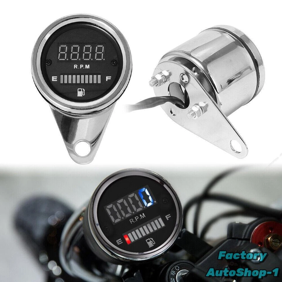12V Universal 2 In 1 Motorcycle LED Digital Tachometer Gas Fuel Gauge RPM Chrome — 第 1/4 张图片