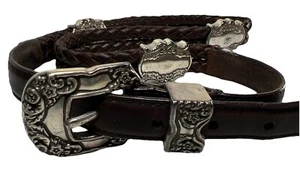 Vintage WOOLRICH Double Braided Leather Belt Brown Silver Hardware Western  - Picture 1 of 14