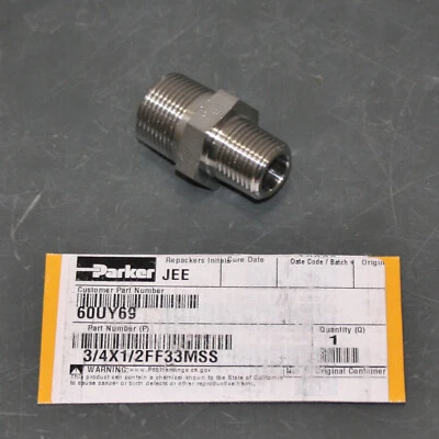 Parker Nipple Fitting 3/4X1/2FF33MSS, 3/4" x 1/2" BSPT Pipe, 316 SS, Hydraulic - Image 1 of 4