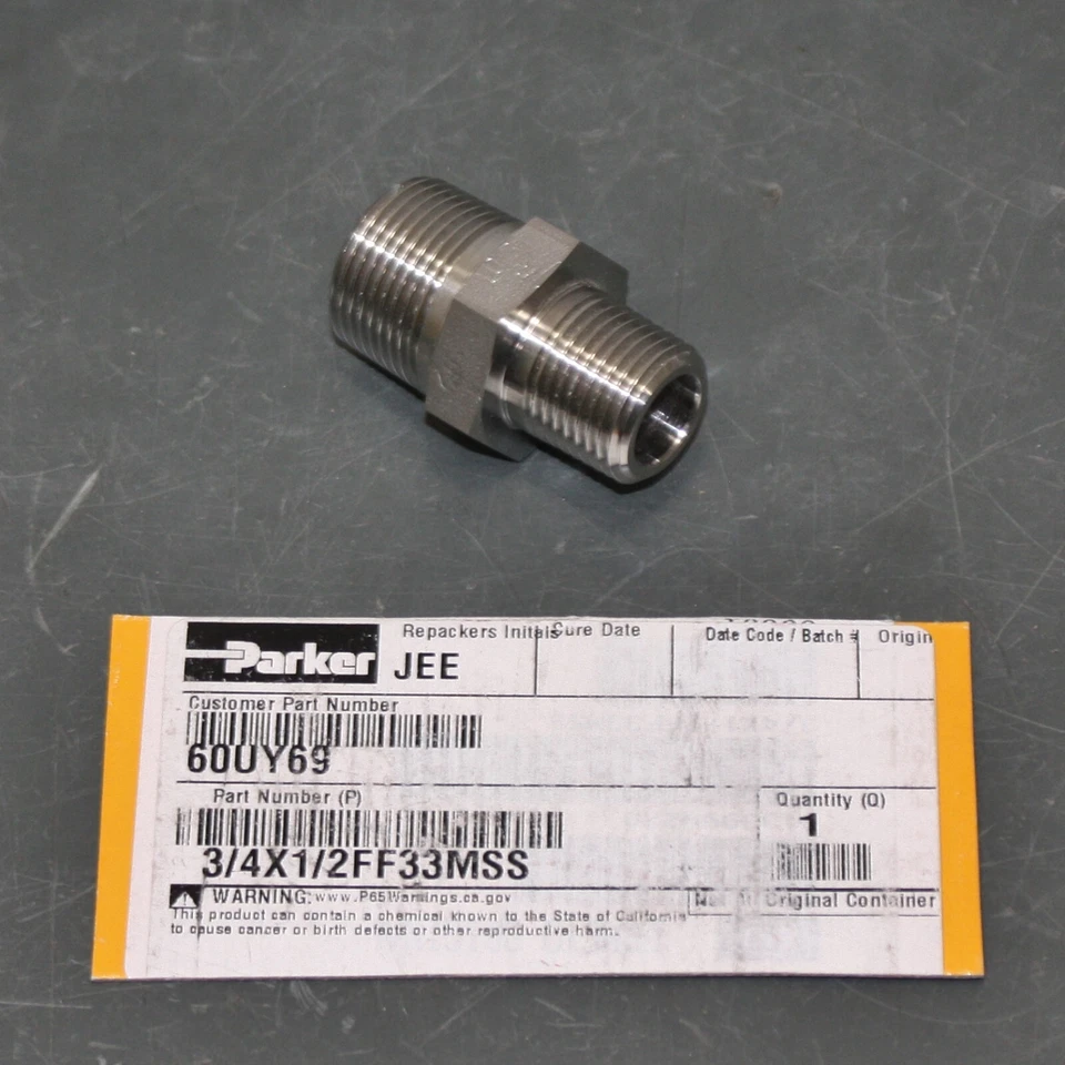 Encaixe de mamilo Parker 3/4X1/2FF33MSS, tubo BSPT 3/4" x 1/2", 316 SS, hidráulico - Imagem 1 de 4