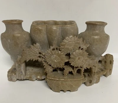 Антикварные китайские резные листья цветов мыльного камня и 3 декоративные вазы 7 дюймов x 4 дюйма - Изображение 1 из 4