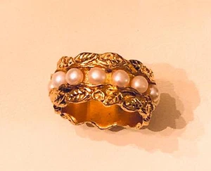 Pearl Ring Gold Over Solid Sterling Silver Pearl Ring Wide Band Vermeil Vtg NEW - Picture 1 of 22