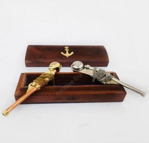 Antique Copper & Silver Bosun's Whistle Brass  Boatswains Pipe with Wooden  Box - Picture 1 of 9